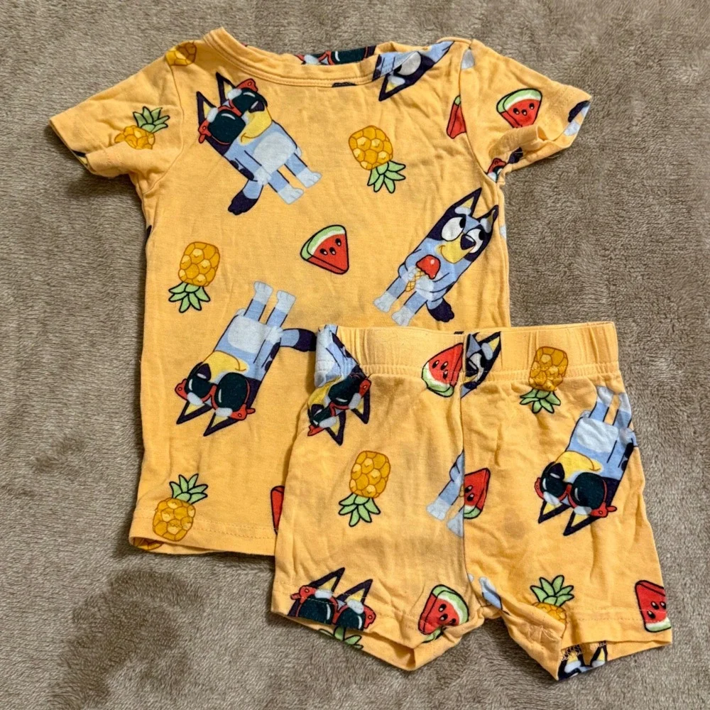 Bluey Kids 12M Yellow Pineapple Watermelon Pajama Set Short Sleeve Shorts 2pc